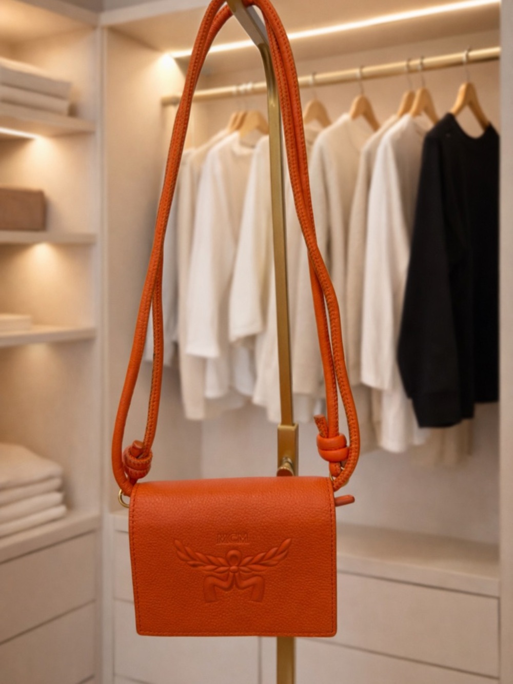 MCM Orange Pebbled Leather Crossbody with Embossed Logo